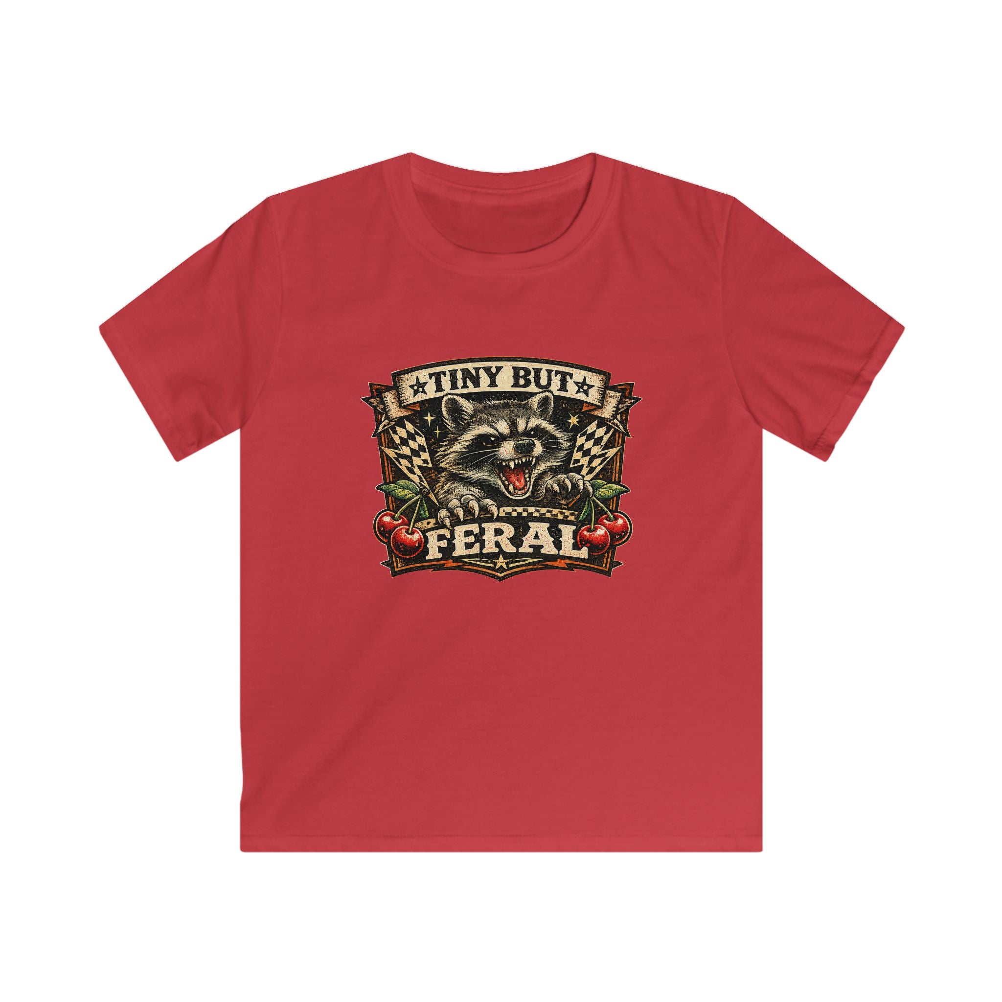 Kids Tee – "Tiny But Feral" Raccoon Graphic Shirt (Cute Wild Kid Tee)