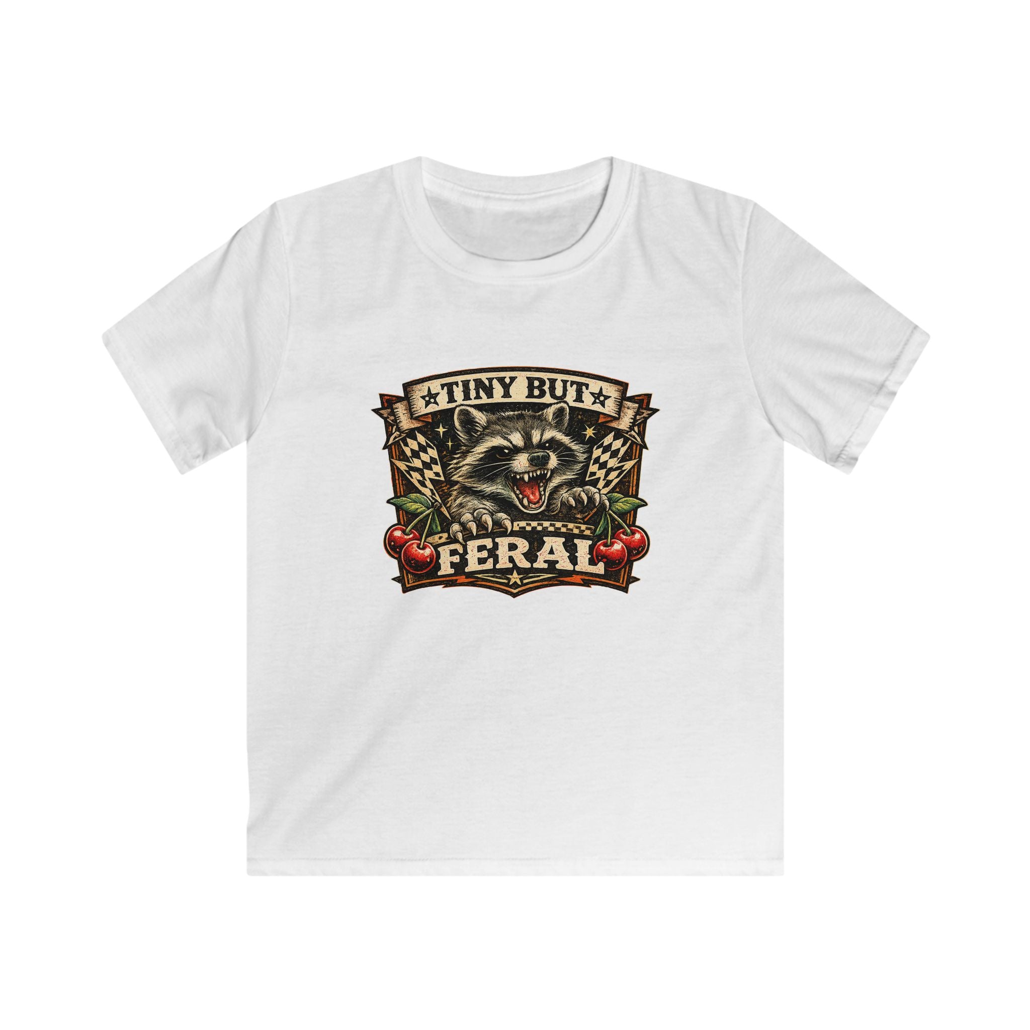 Kids Tee – "Tiny But Feral" Raccoon Graphic Shirt (Cute Wild Kid Tee)