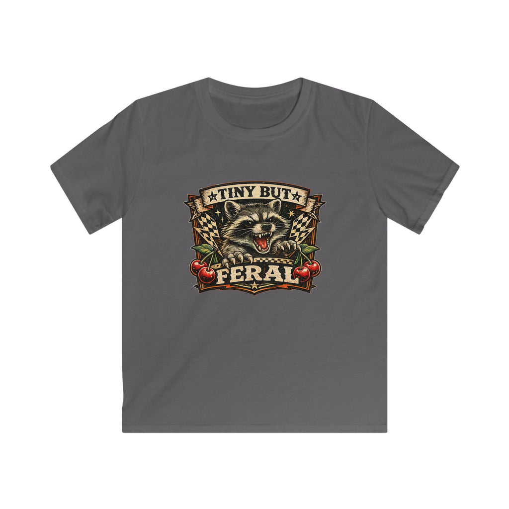 Kids Tee – "Tiny But Feral" Raccoon Graphic Shirt (Cute Wild Kid Tee)