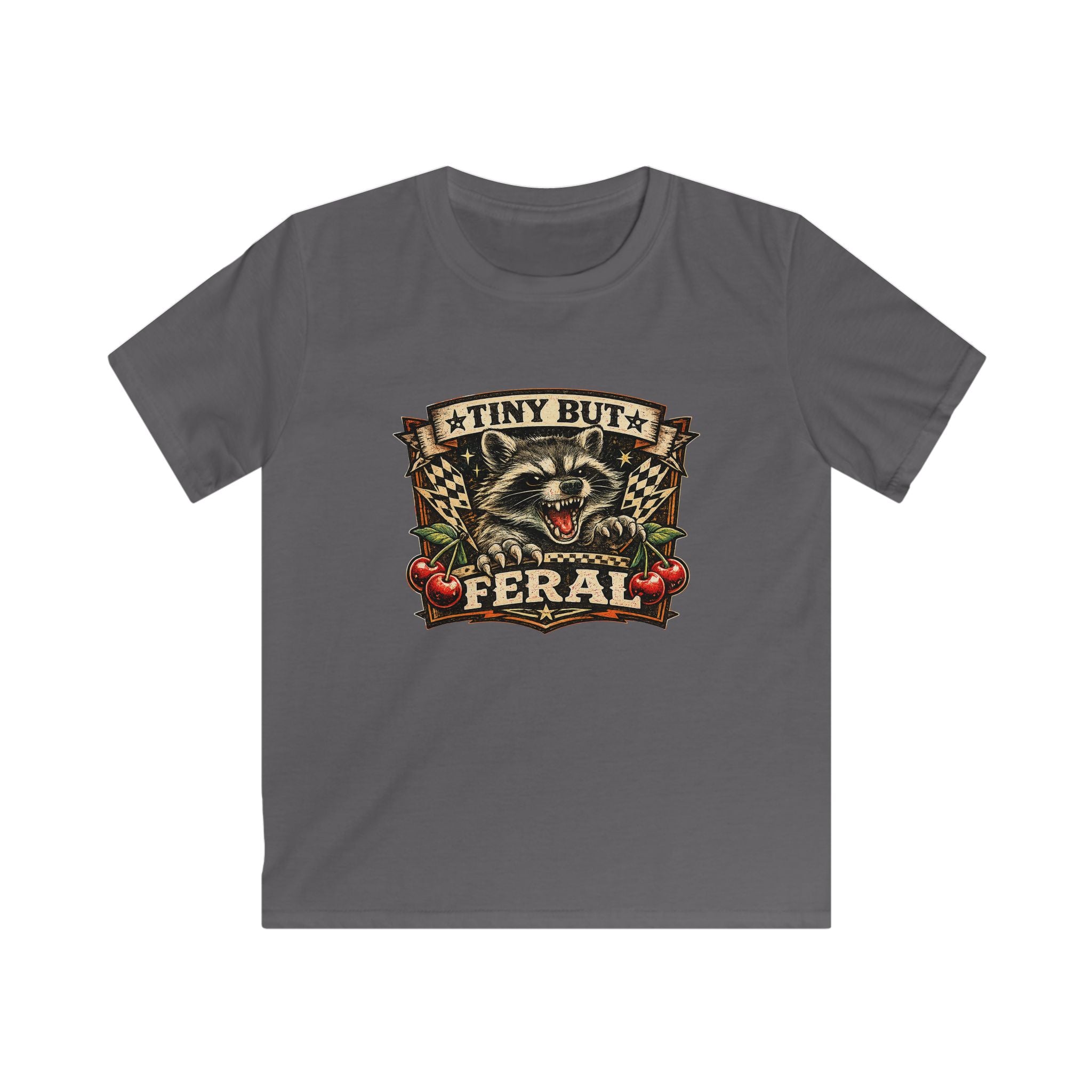 Kids Tee – "Tiny But Feral" Raccoon Graphic Shirt (Cute Wild Kid Tee)