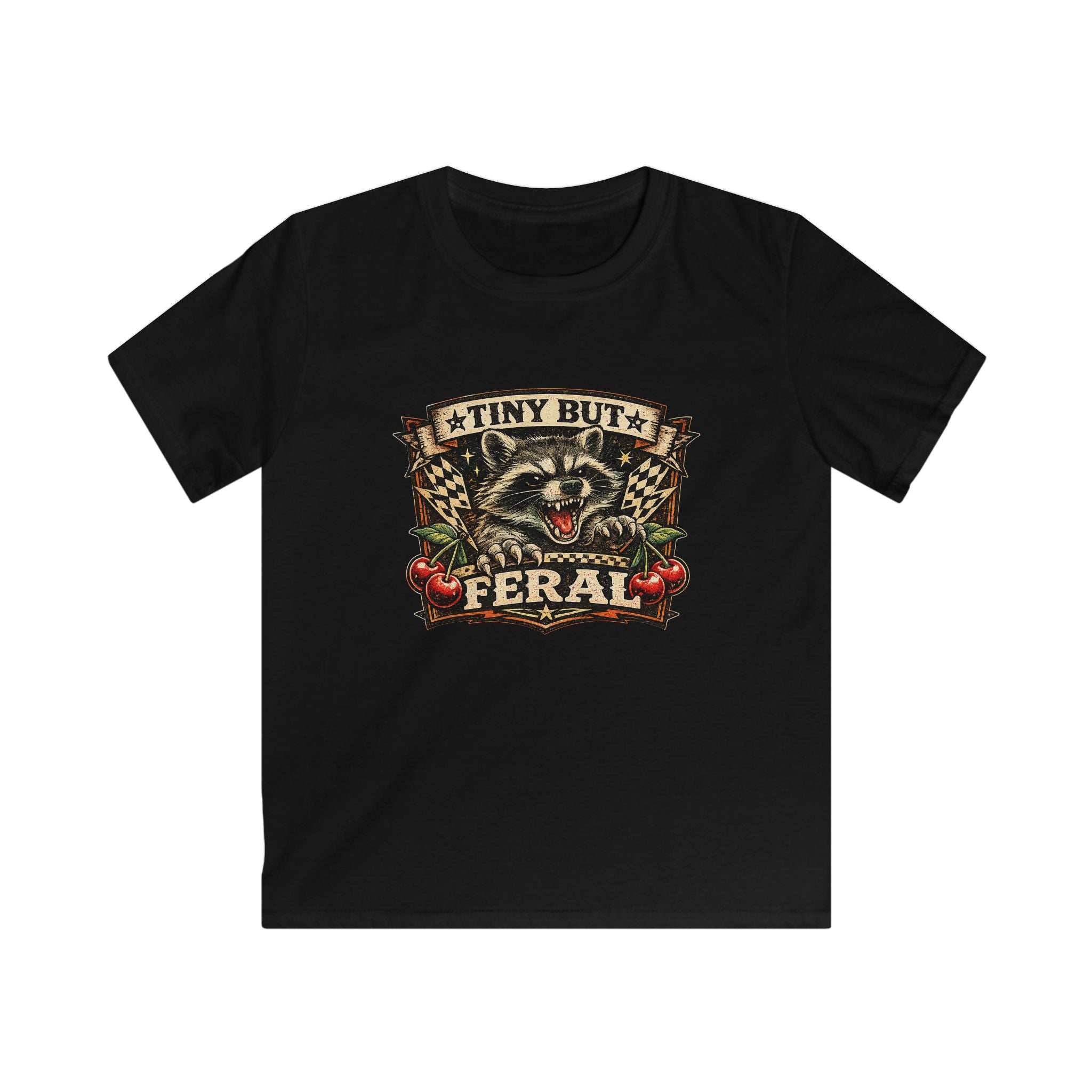 Kids Tee – "Tiny But Feral" Raccoon Graphic Shirt (Cute Wild Kid Tee)
